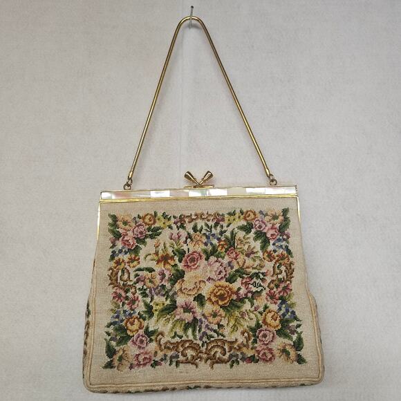 Vintage 1950s Floral Tapestry Mother of Pearl Kiss Lock Closure Mini Handbag - Picture 1 of 9